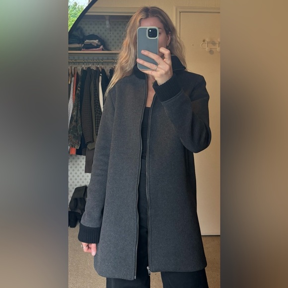 Oak + Fort Grey Black Ribbed Cuff Wool Knit Zip Up Bomber Peacoat Jacket Coat - Picture 3 of 13